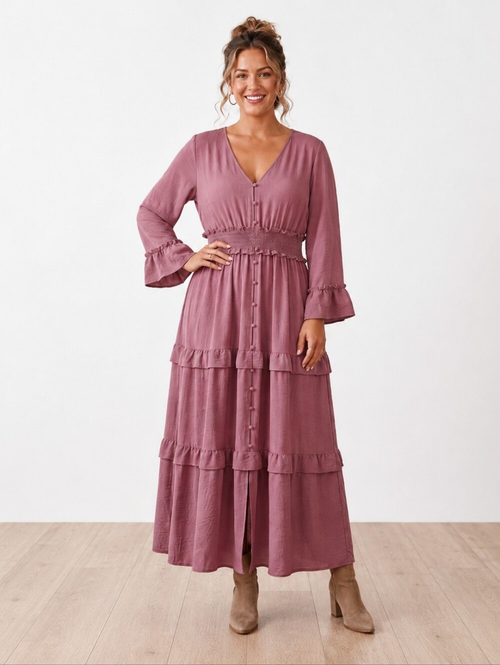 Simplee Apparel Dusty Mauve Smocked Tiered Ruffle Maxi Dress XL